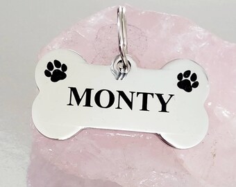 Pawprint design,Bone shaped pet tags laser engraved, available in silver, gold, rose gold, black, rainbow and blue