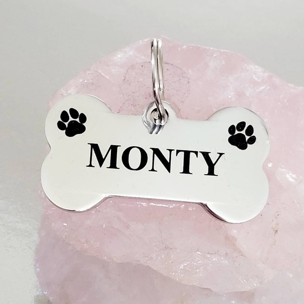 Pawprint design,Bone shaped pet tags laser engraved, available in silver, gold, rose gold, black, rainbow and blue