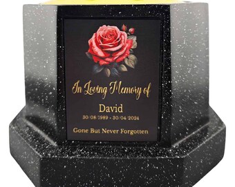 Personalised Rose Black Octagon Memorial Rose Bowl Grave Vase with Gold Lid | Custom Grave Flower Holder | In Loving Memory Vase