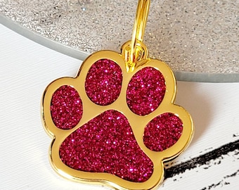 Quality coloured sparkly GOLD paw dog ID tag, laser engraved.