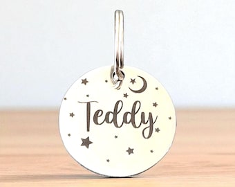 Moon and star dog tags engraved,  stainless steel round tag available in rose gold,  silver and gold
