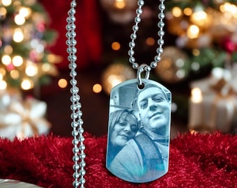 Actual photo necklace, engraved from any clear image. Military, heart or round pendant.