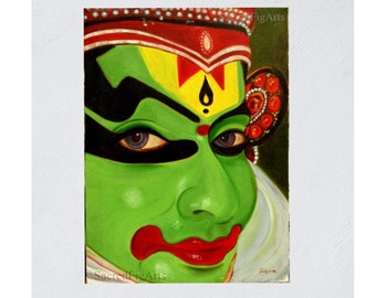 original acrylic painting ,kerala, indian kathakali art, folk art india, green canvas, dance form, south india, culture, original, fine art