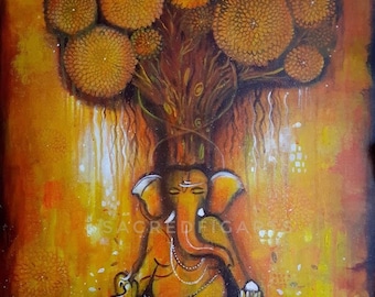 Pintura acrílica de Ganesha, arte indio, lienzo de meditación (61 x 81 cm)