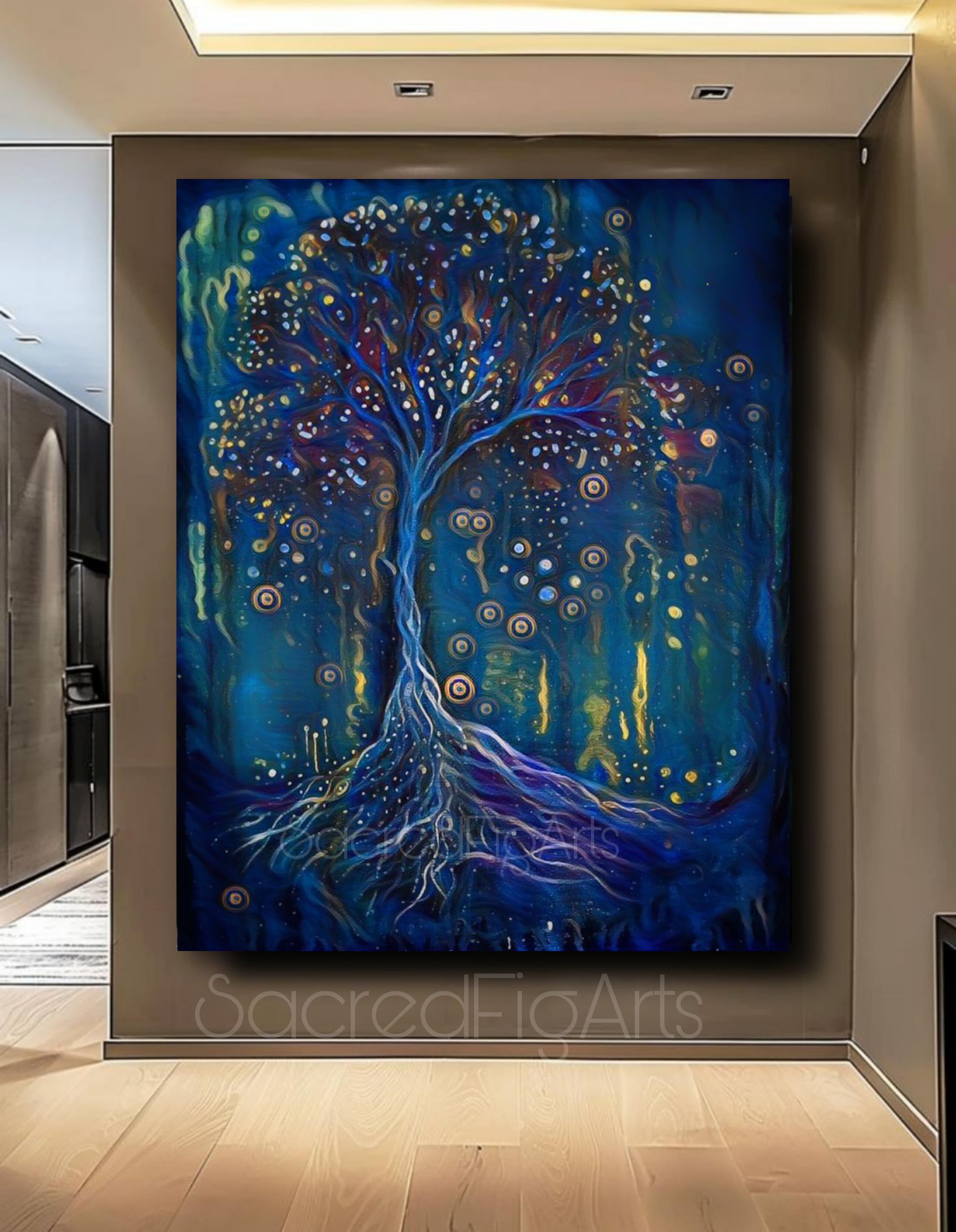 生命の樹のオリジナル絵画、神秘的な魔法の森、青い壁アート（48x60