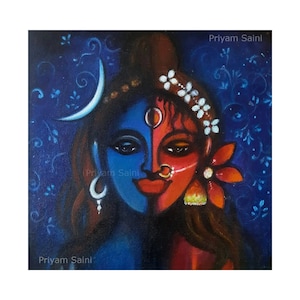 shiva shakti, shiv painting, original art, indian home decor, indian painting, modern painting, contemporary art, 12x12 canvas,