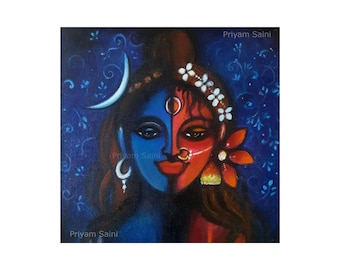 shiva shakti, shiv painting, original art, indian home decor, indian painting, modern painting, contemporary art, 12x12 canvas,