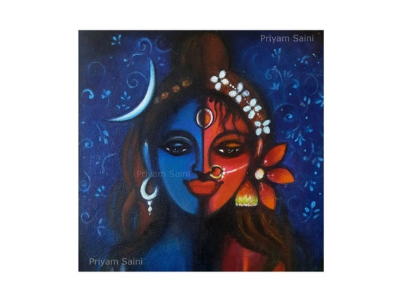 Shiva Shakti Painting, Original Indian Art, 12x12 Canvas