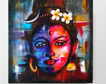 shiva shakti, shiv parvati, 12x12, modern painting, acrylic on canvas, yoga studio, indian wall art, india artwork, contemporary, christmas