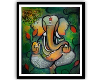 Ganesha-schilderij, moderne Indiase kunst, klaar om op te hangen canvas