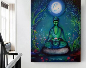 May include: A serene painting of a seated Buddha figure in meditation, rendered in shades of green and blue. The artwork features a full moon, lush foliage, and the word "PRIYAM". The Buddha holds a lotus flower.