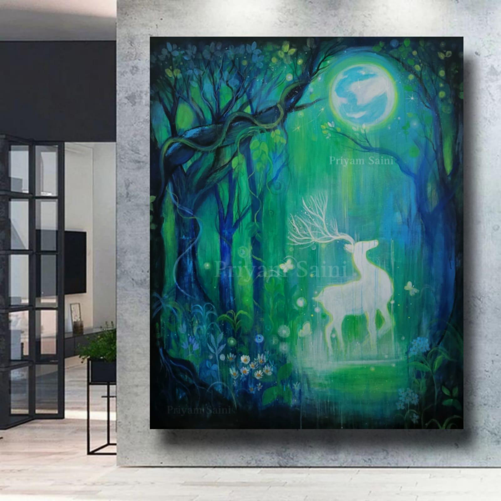 神秘的な鹿のアクリル画、幻想的な森の月光風景、48x60インチ - Etsy 日本