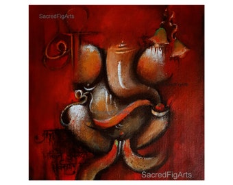 ganesha painting, ganesh modern art, red painting, contemporary artwork, indian wall art, indian artist, 12x12in canvas, modern home decor