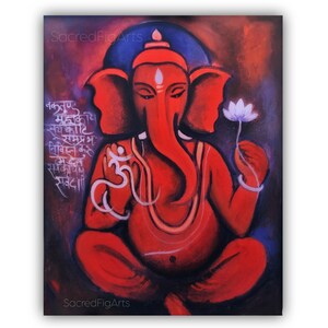 Modern Ganesha painting, Original Indian art, Ganpati painting, 16x20 canvas art, Lord Ganesha, Indian home decor, Red painting, Artwork