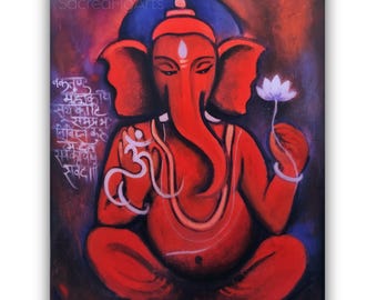 Pintura moderna de Ganesha, arte indio original en lienzo, decoración espiritual roja (16 x 20)