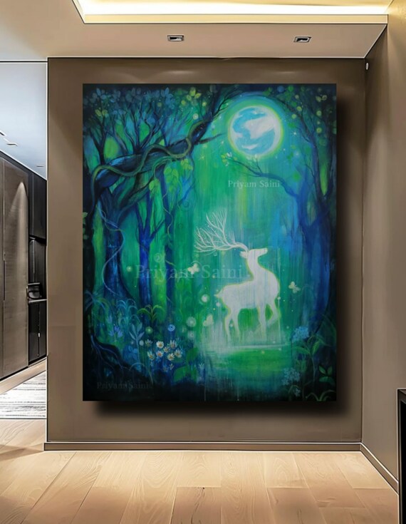 神秘的な鹿のアクリル画、幻想的な森の月光風景、48x60インチ - Etsy 日本