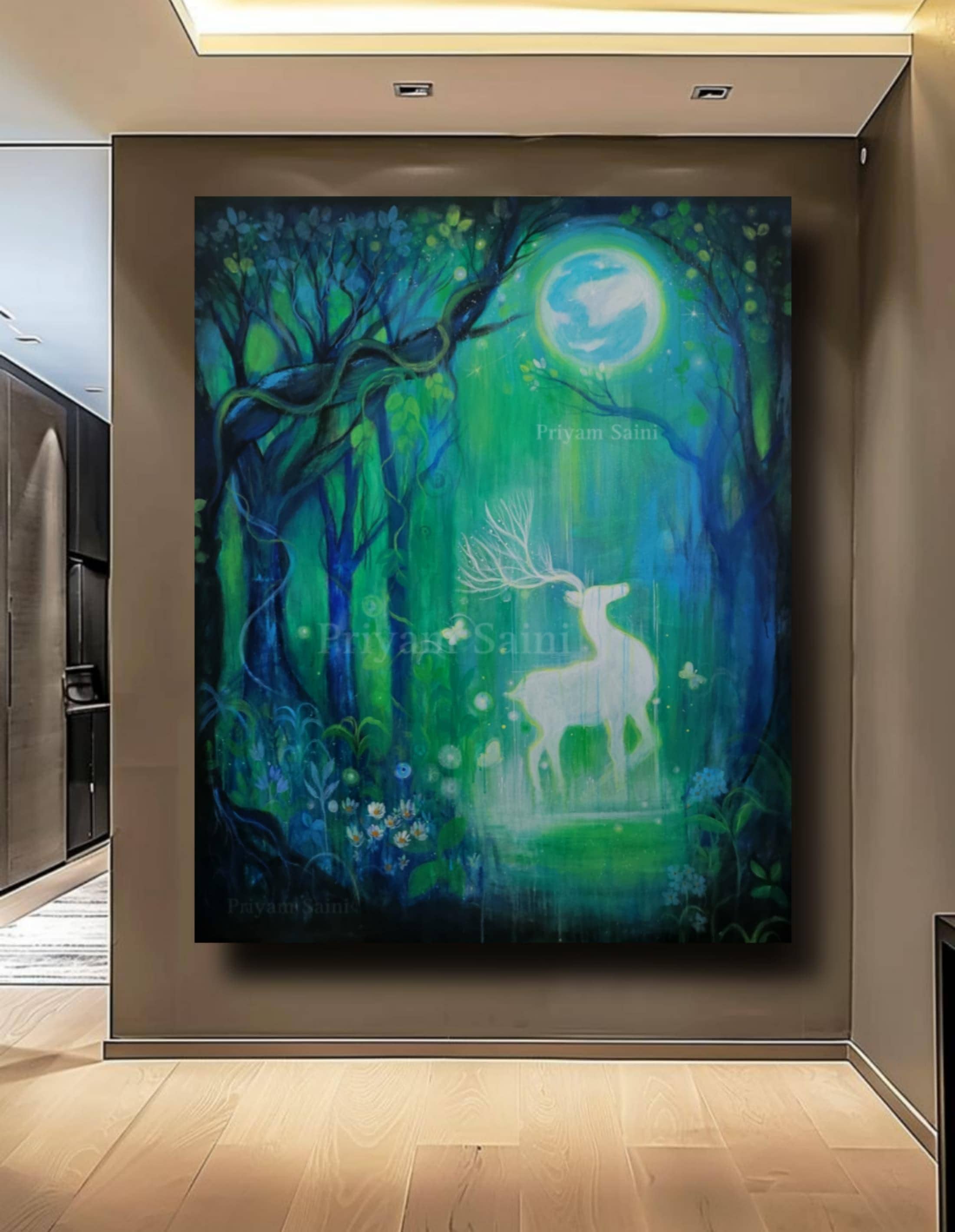 神秘的な鹿のアクリル画、幻想的な森の月光風景、48x60インチ - Etsy 日本