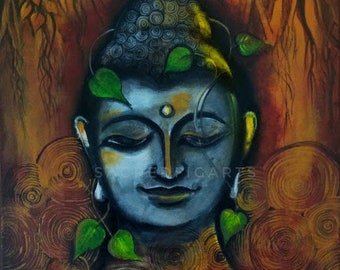 May include: A painting of Buddha with closed eyes, surrounded by green leaves and a swirling background of orange, yellow, and brown.