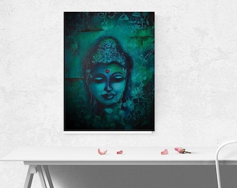 May include: A teal blue painting of a serene Buddha with closed eyes and a red dot on their forehead. The background is a dark teal blue with intricate patterns and designs.