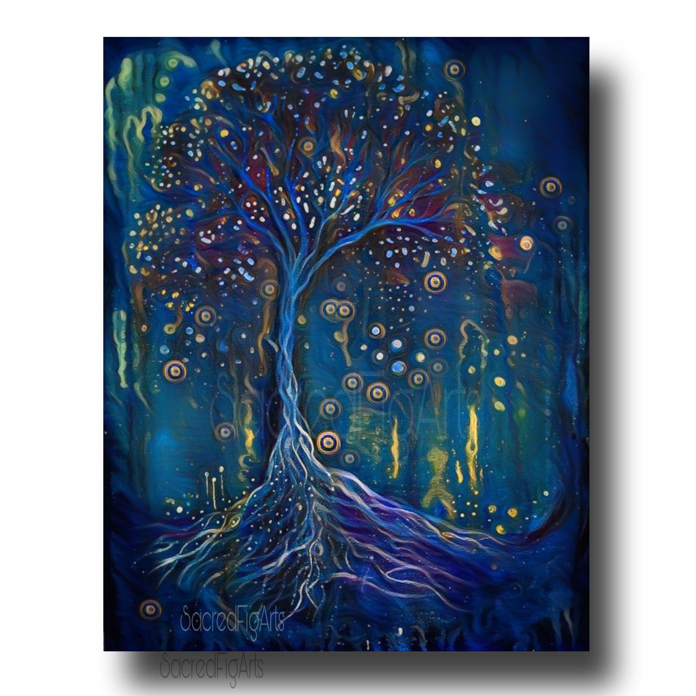 生命の樹のオリジナル絵画、神秘的な魔法の森、青い壁アート（48x60
