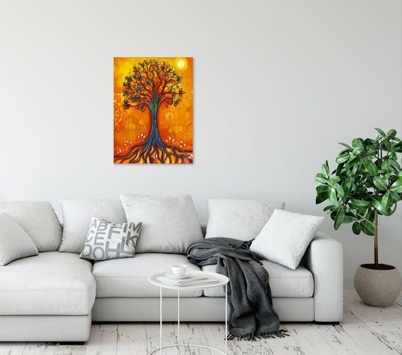 生命の木の絵画、インドのスピリチュアルアート、黄色の装飾 - Etsy 日本