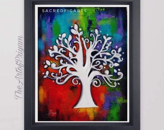 indian painting, modern art, tree wall art, tree painting, contemporary living room decor, framed painting, housewarming gifts, colourful