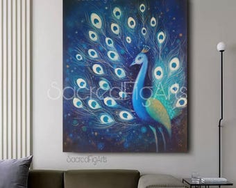 Hand Painted Peacock Acrylic Painting, Large Abstract Indian Art (24x30 inches)