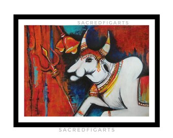 Nandi painting, Shiva art, Shiva&#39;s bull, Indian artwork, Original Indian art, Spiritual painting, Divine artwork, Meditative painting