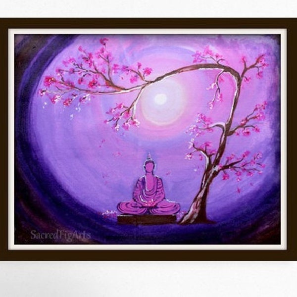 buddha wall art, canvas indian painting,  purple art, modern contemporary home decor, zen artwork, yogi gift, peaceful night, meditation