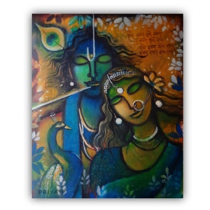 Krishna painting, Indian art, Radha Krishna artwork, Canvas painting, Indian home decor, Original art, Modern painting, Contemporary art