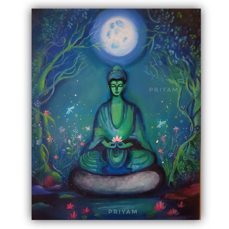 Meditating Buddha Painting, Mystical Forest Canvas Art - Etsy