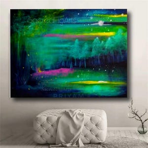 Mystical moonlight painting, Ethereal landscape, Landscape painting, 24x36 art, Starry night, Fireflies, Lake at night painting, Magical art