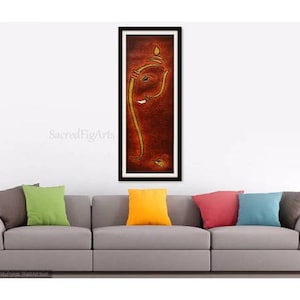 Hindu god ganesha, indian canvas art, ganesh painting, home decor, abstract, ganpati framed wall art, long vertical art, minimal