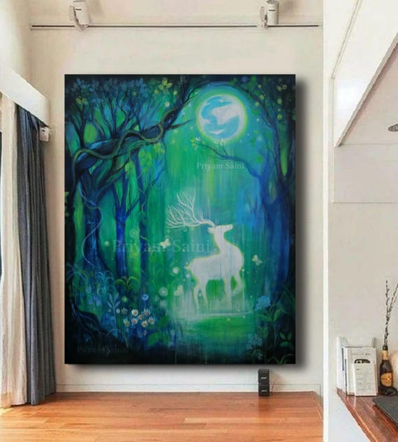 神秘的な鹿のアクリル画、幻想的な森の月光風景、48x60インチ - Etsy 日本