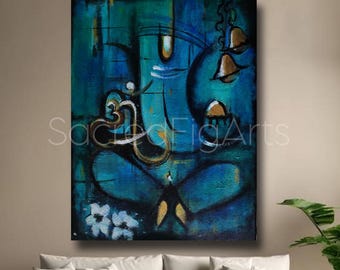 Pintura de Ganesha verde azulado, arte indio moderno, lienzo grande
