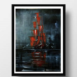ship painting, modern art, contemporary art, nautical, boat wall art, red and grey, original acrylic painting, christmas gift, seagulls