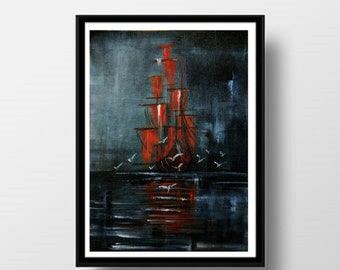 ship painting, modern art, contemporary art, nautical, boat wall art, red and grey, original acrylic painting, christmas gift, seagulls