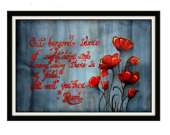 Rumi Quote Painting, Red Poppies, Hand Lettered Art, Gray Wall Decor