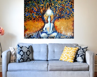 May include: A painting of a white figure meditating under a blue and green tree with a yellow background. The figure is sitting in a lotus position with their eyes closed. The tree has many branches and leaves. The background is a golden yellow color.