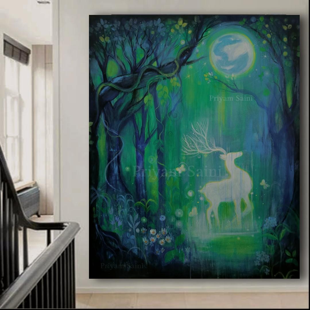 神秘的な鹿のアクリル画、幻想的な森の月光風景、48x60インチ - Etsy 日本