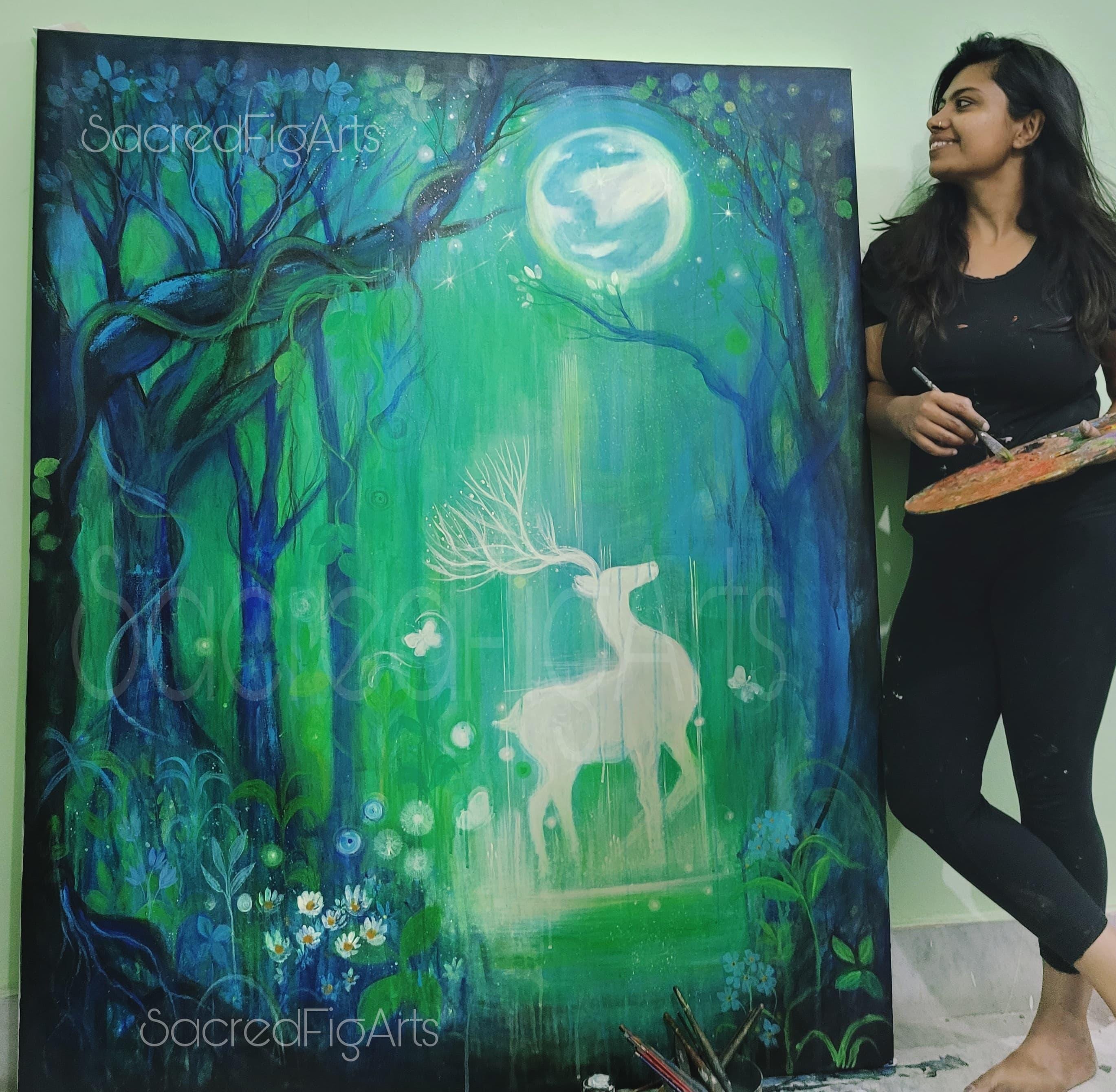 神秘的な鹿のアクリル画、幻想的な森の月光風景、48x60インチ - Etsy 日本