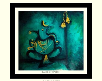 teal painting, ganesh artwork, modern art, golden art, gold painting, canvas art, square canvas, framed art, ready to hang, small art, india