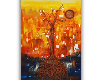 large colourful painting, big canvas art, tree artwork, original indian art, modern home decor, contemporary art, yellow painting