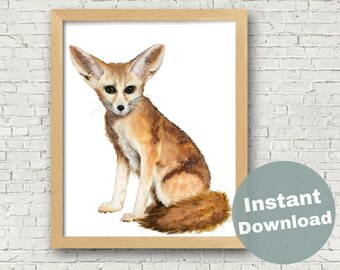 Impresión artística de acuarela de zorro fénec: regalo para amantes de la naturaleza (descarga digital)