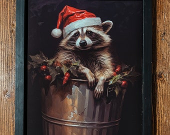 Christmas Raccon in Trash can Art Print, Wildlife painting, goth decor