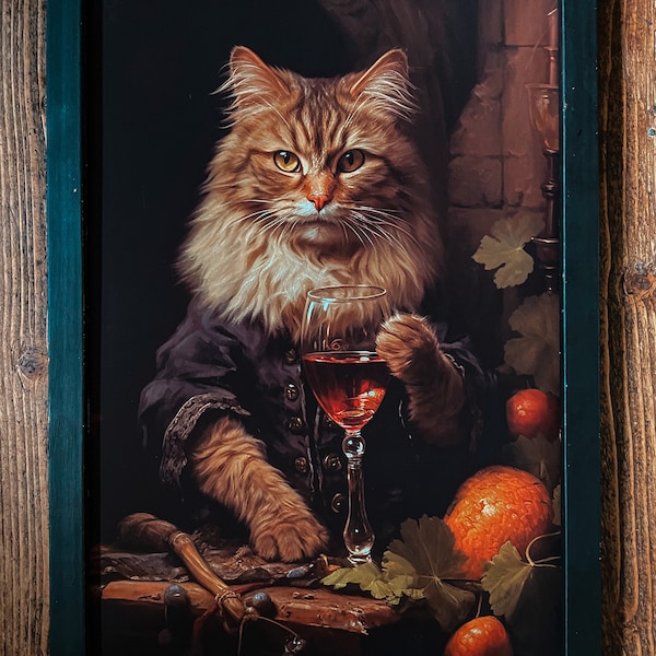 Whiskers and Wine Art Print, Cat lover Home Decor, animal lover gift