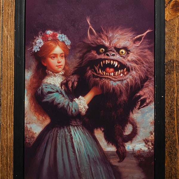 Mr Fluffers Art Print, Dark Cottagecore Home Decor, Funny Wall Hanging, vintage artwork, cute monster poster, Gothic Painting