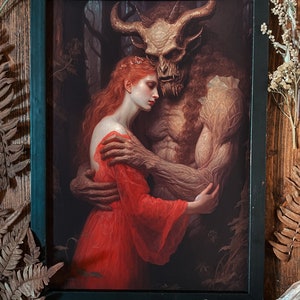Forbidden Love Art Print, Gothic Wall Decor, Dark Academia Artwork, Horned God Painting, Witchy illustration