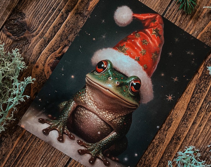 Festive Frog in Santa Hat Christmas Card
