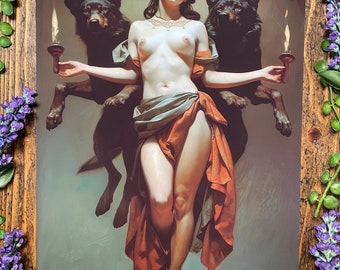 May include: A woman with long dark hair and a nude torso stands between two black wolves. She is holding a candle in each hand. The woman is wearing a long orange skirt and a gold necklace. The background is a soft blue.
